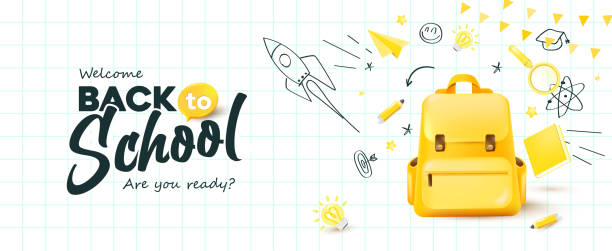 back to school banner on lined paper background layout decorate with school supplies and hand drawn icon - back to school stock illustrations