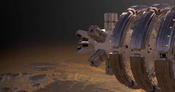 The sunlight makes the space station's metallic surface sparkle, sharply contrasting with the red planet's backdrop