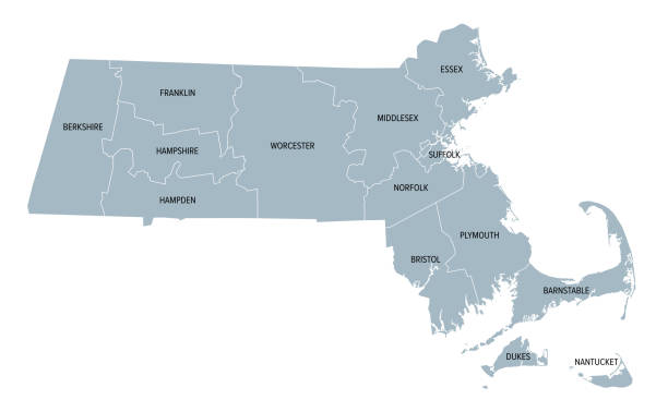 Massachusetts, U.S. state subdivided into 14 counties, gray political map Massachusetts counties, gray political map. Commonwealth of Massachusetts, state in the New England region of Northeastern United States, subdivided into 14 counties. With boundaries and county names. massachusetts stock illustrations