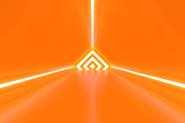 3d render, abstract background, corridor, tunnel, virtual reality space, yellow neon lights, fashion podium, club interior, empty warehouse, floor reflection