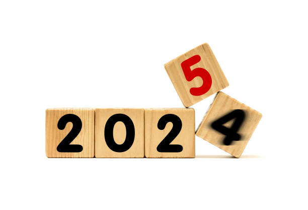 New Year 2025 with wood block isolated on white