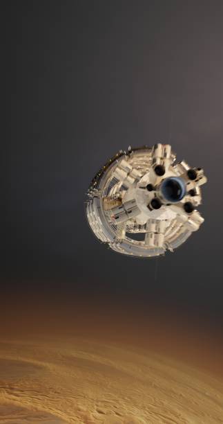 The space station’s reflective metal gleams in the sunlight, contrasting with the red planet behind it