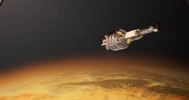 Sunlight reflects off the space station’s metal, creating a striking contrast with the red planet's surface