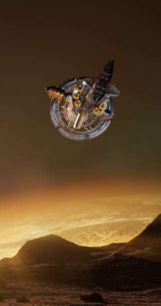 Hovering over a planet’s golden-lit mountains, the spaceship is set against a bright orange sky