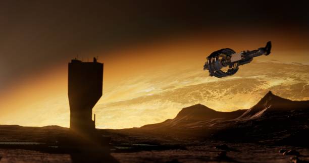 istock A tall Martian structure with a spaceship and a bright horizon in the background 2162861462