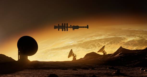 The alien planet's terrain features several large satellite dishes aimed at the sky, with a spaceship hovering above the horizon, bathed in the light of a distant star