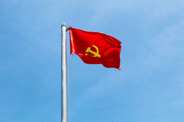 Real National Flag of Vietnam with blue sky.