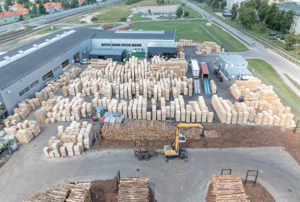 istock Wood sawmill, machinery for processing wood. Processing plant. A worker operating loader, modern wood processing factory, load freshly cut logs onto the production line for processing, manufacturing. 2162865884