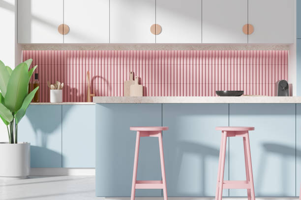 istock Modern kitchen with pastel colors, minimalist style, bright interior. 3D Rendering 2162868354