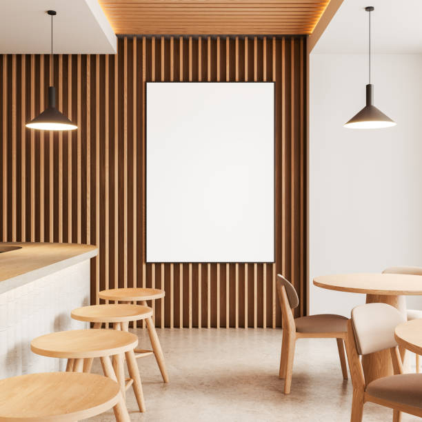 istock Stylish cafe interior with bar counter, chairs and dining table. Mockup frame 2162868502
