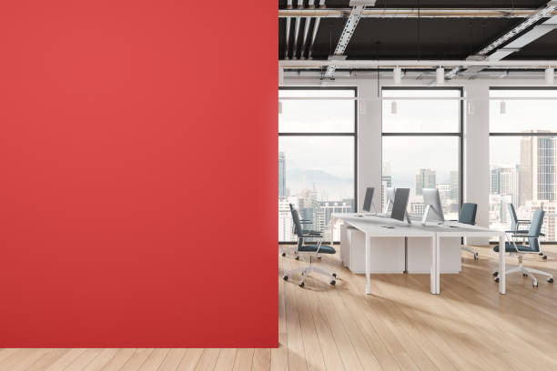 Empty corporate meeting room with red wood walls, modern chairs, office shelves, and a sleek table on a polished stone floor. 3D Rendering