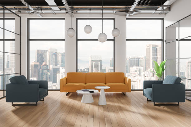 istock Minimalist office interior with relax place and coffee table, panoramic window 2162868549