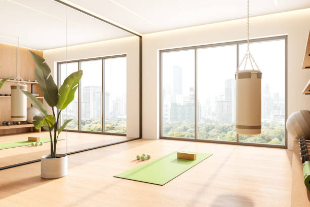 istock Cozy home gym interior with punching bag and mat, mirror and panoramic window 2162868583