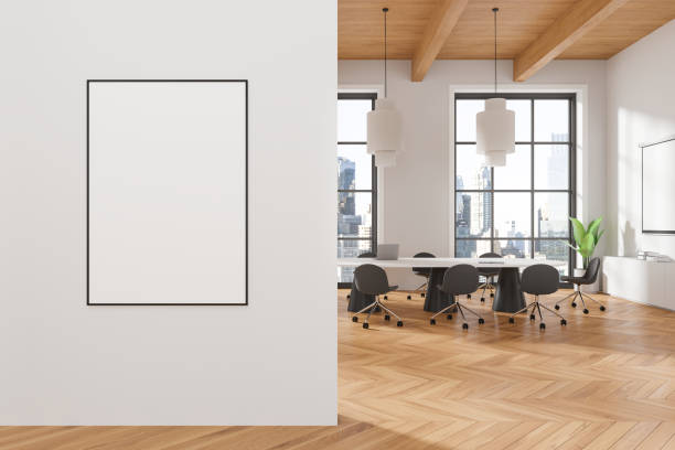 istock Office interior with meeting table and projection screen, window. Mockup frame 2162868609
