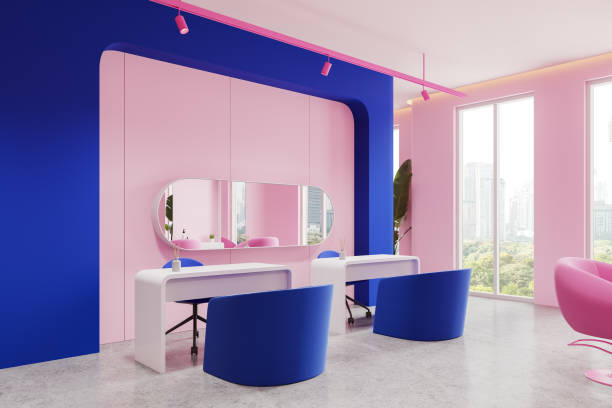 istock Nail salon interior with desks and chairs in row, panoramic window on skyscrapers 2162869115