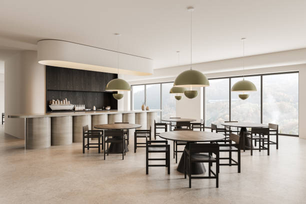 istock Stylish cafe interior with bar counter and eating space, panoramic window 2162869265