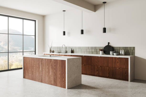istock Cozy house kitchen interior with bar counter and cabinet, panoramic window 2162869347