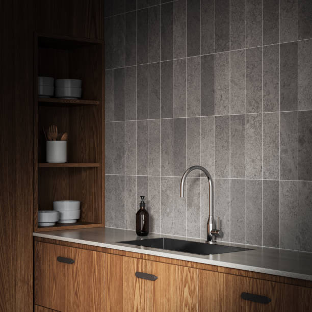 istock Dark home kitchen interior with sink and shelf with dishes, closeup 2162869385