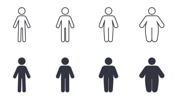 kuvapankkikuvitukset aiheesta vektorikuvakkeet ihmiskeho. erilaisia hahmoja ohuesta rasvaiseen mieheen. ruokavalio, terveelliset elämäntavat ja ylensyönti, lihavuus. muokattava viiva, ohut viiva ja musta yhtenäinen sarja - hoikka