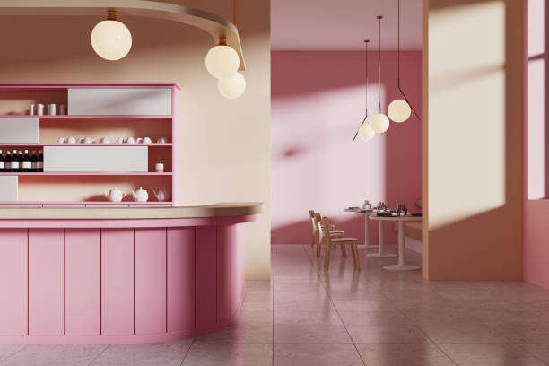 istock Colored cafe interior with bar island and dining table with chairs on background 2162870558