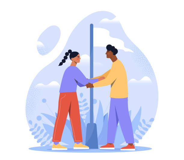 istock People with white flag. Kind man and woman raise white flag. Calmness and inner peace, happiness and love. Couple on good relationship. Flat vector illustration 2162871416