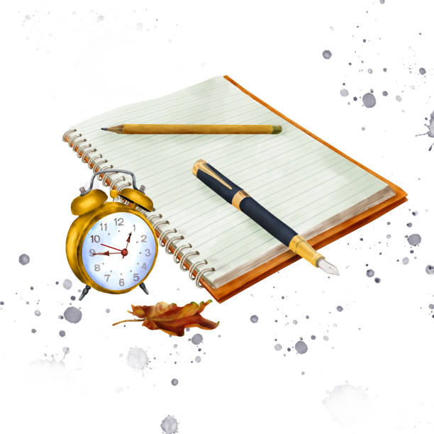 istock A school notebook, a pencil, a pen, an alarm clock and autumn leaves. Watercolor illustration. It is drawn digitally in watercolor technique. Back to school. On a white background. School kit 2162873317