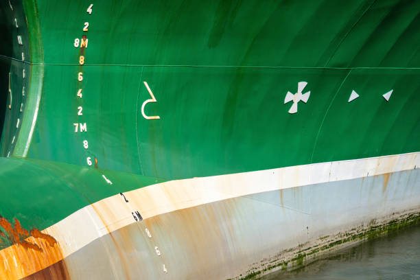 View of draft marks on an old ship's hull.