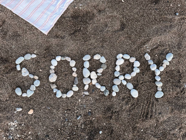 istock The inscription Sorry made from stones on a sandy beach. 2162880702