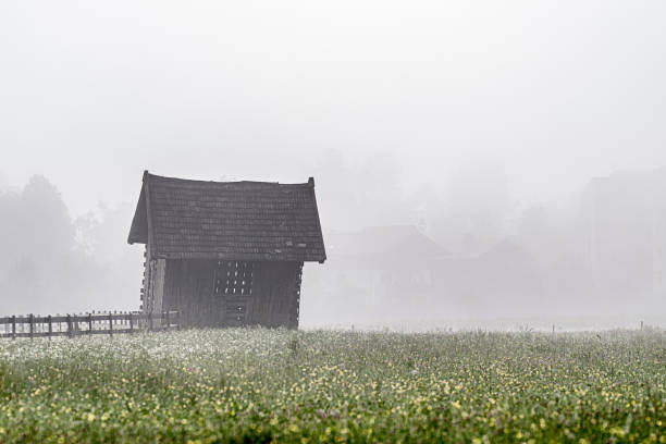 Old hay barn in the morning light with fog