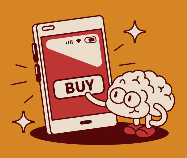 A cute anthropomorphic Brain Man presses the BUY button on a large smartphone screen Unique and Creative Character Designs Vector Art Illustration.
A cute anthropomorphic Brain Man presses the BUY button on a large smartphone screen. impulse shopping stock illustrations