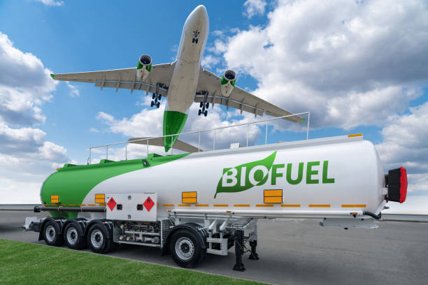 istock Airplane and biofuel tank trailer. New energy sources 2162893646