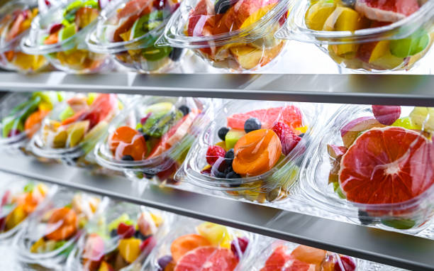 istock Boxes with pre-packaged fruit salads in a commercial fridge 2162895588