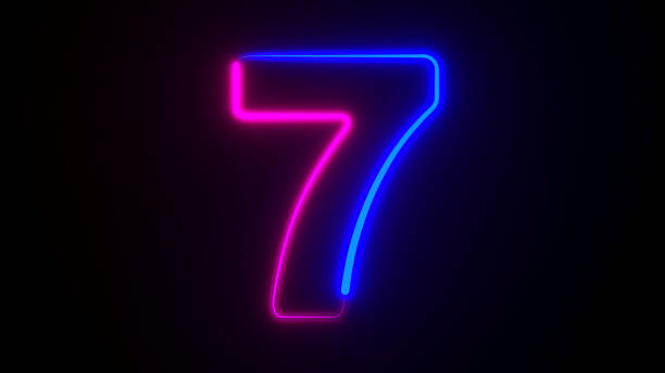 3d render, linear symbol, neon number seven glowing in the dark with ultraviolet light, pink blue gradient laser ray