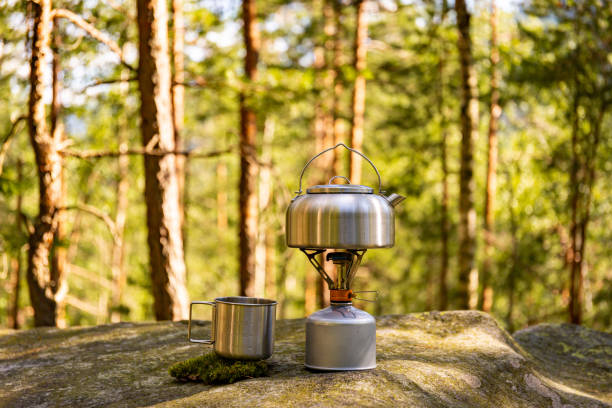 istock Hiking in the mountains, kettle on a gas burner. 2162902874