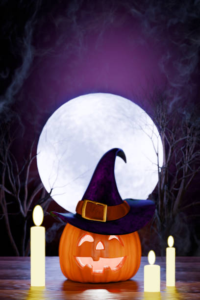 Jack-o'-lantern with a witch hat and candles in front of a full moon. 3d rendering