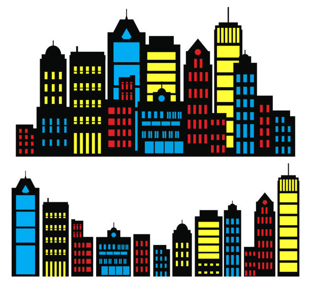 Flat Black Cityscape Silhouette city buildings set Modern Urban