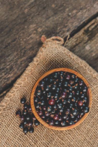 istock Black currant in a wooden bowl on nature 2162907909