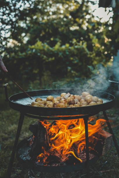 istock Potatoes with meat fried on fire, picnic in nature 2162908165