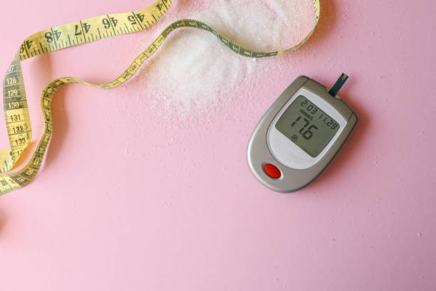 istock Sugar level measuring tool and measuring tape on table, weight loss concept 2162908642
