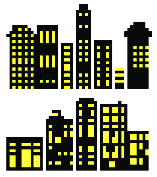 Landscape set of buildings silhouetted on white background. A black outlines of low rise and high-rise complexes and skyscrapers. Structural constructions placed urban objects