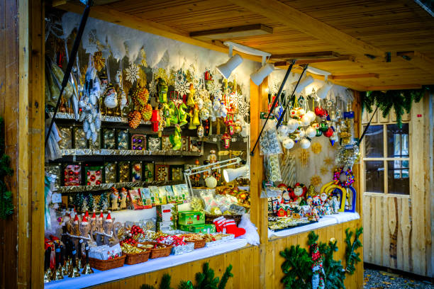 Munich, Germany - November 25: Typical stall at the famous annual Christmas market in the old town (Chinesischer Glockenturm) of Munich on November 25, 2023