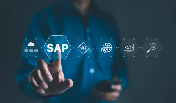 SAP system concept. Businessman touches icons related to SAP System Application Products and business process automation, highlighting the integration of AI, cloud computing, and software management. concepto de sistema sap. businessman toca iconos relacionados con los productos de aplicaciones del sistema sap y la automatización de procesos de negocio, destacando la integración de la ia, la computación en la nube y la gestión de software.