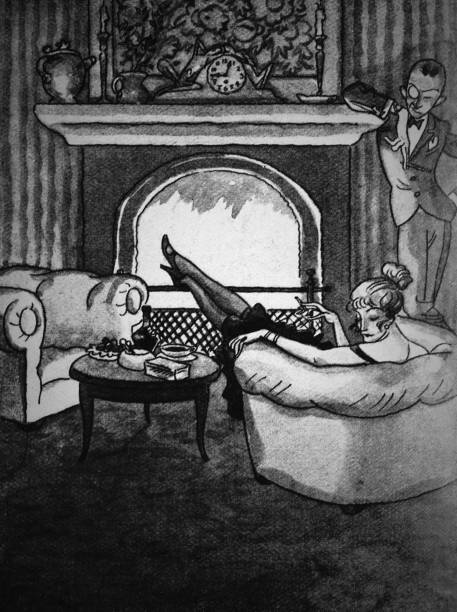 Attractive woman talks to a man who is standing by the fireplace