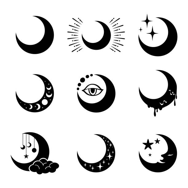 Black crescent moon silhouette Silhouette of the crescent moon and stars in the night sky Isolated on white background. Set of simple moon line icons. Logo for dream, natural moon. crescent stock illustrations