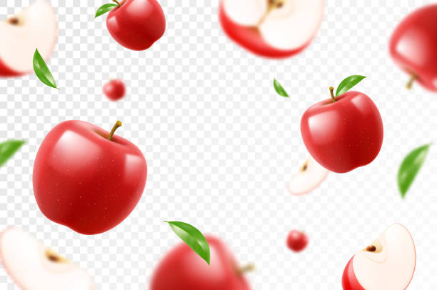 istock Flying red juicy apples. Bright advertising background falling red apples, realistic with blurred effect. 3d vector illustration 2162915105