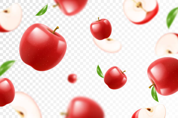 istock Flying red juicy apples. Bright advertising background falling red apples, realistic with blurred effect. 3d vector illustration 2162915107