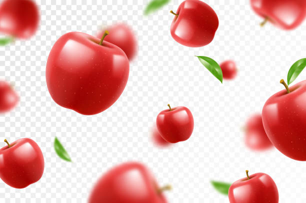 istock Flying red juicy apples. Bright advertising background falling red apples, realistic with blurred effect. 3d vector illustration 2162915108