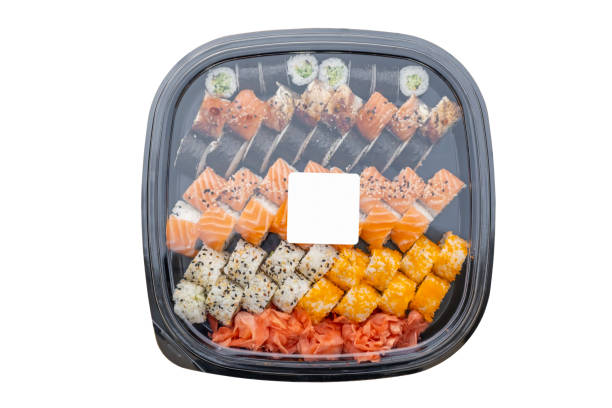 istock Plastic box with a set of sushi and a blank label on top 2162915947