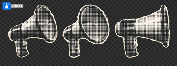 Collection of loudspeakers with halftone effects for collage in retro pop art style. A set of monochrome megaphones, hand cut from a newspaper or magazine. Vector illustration