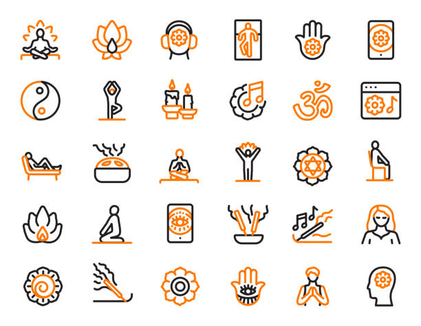 Meditation and Spiritual Wellness Icons Set in Black and Orange, Editable Stroke, Vector Illustration This icon set features 30 meditation and spiritual wellness-themed illustrations, beautifully designed in black and orange. The icons include elements such as lotus flowers, yoga poses, candles, music notes, and various spiritual symbols like Om and Yin Yang. Each icon is created with editable strokes, making it easy to customize for a variety of applications such as wellness apps, meditation guides, spiritual blogs, and more. The minimalist design and calming color scheme make these icons ideal for promoting mindfulness and inner peace. Editable Stroke, Vector Illustration. yin-yang-clip-art stock illustrations
